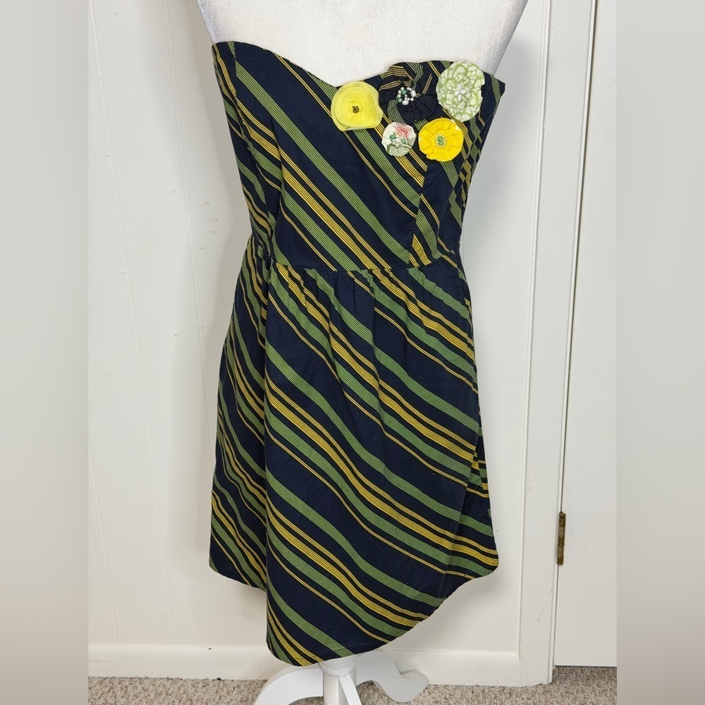 Judith March Blue Yellow Striped Strapless Dress with floral size L